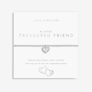 Joma Jewellery Bracelet with spartkly heart charm presented on a sentiment card which reads 'Treasured Friend', Forever and always I wish to spend with you by my side my treasured friend
