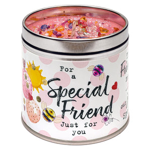 Gorgeous hand finished, scented candle with added sparkle from Best Kept Secret's Seriously Scented Occasion range. Each candle has it's own sentiment. The tin reads 'Special Friend Just for You. The Friends wee meet make our journey special!'
