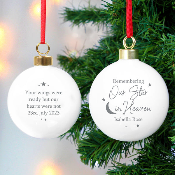 Ceramic bauble with gilt clasp and festive ribbon with personalisation