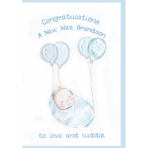 Scottish 'A New Wee Grandson To Love and Cuddle' Card featuring a sleeping baby with tartan balloons design.