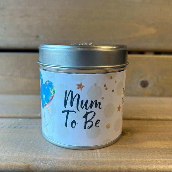 Tin Candle with added sparkle on top and sentiment which reads 'Mum To Be'