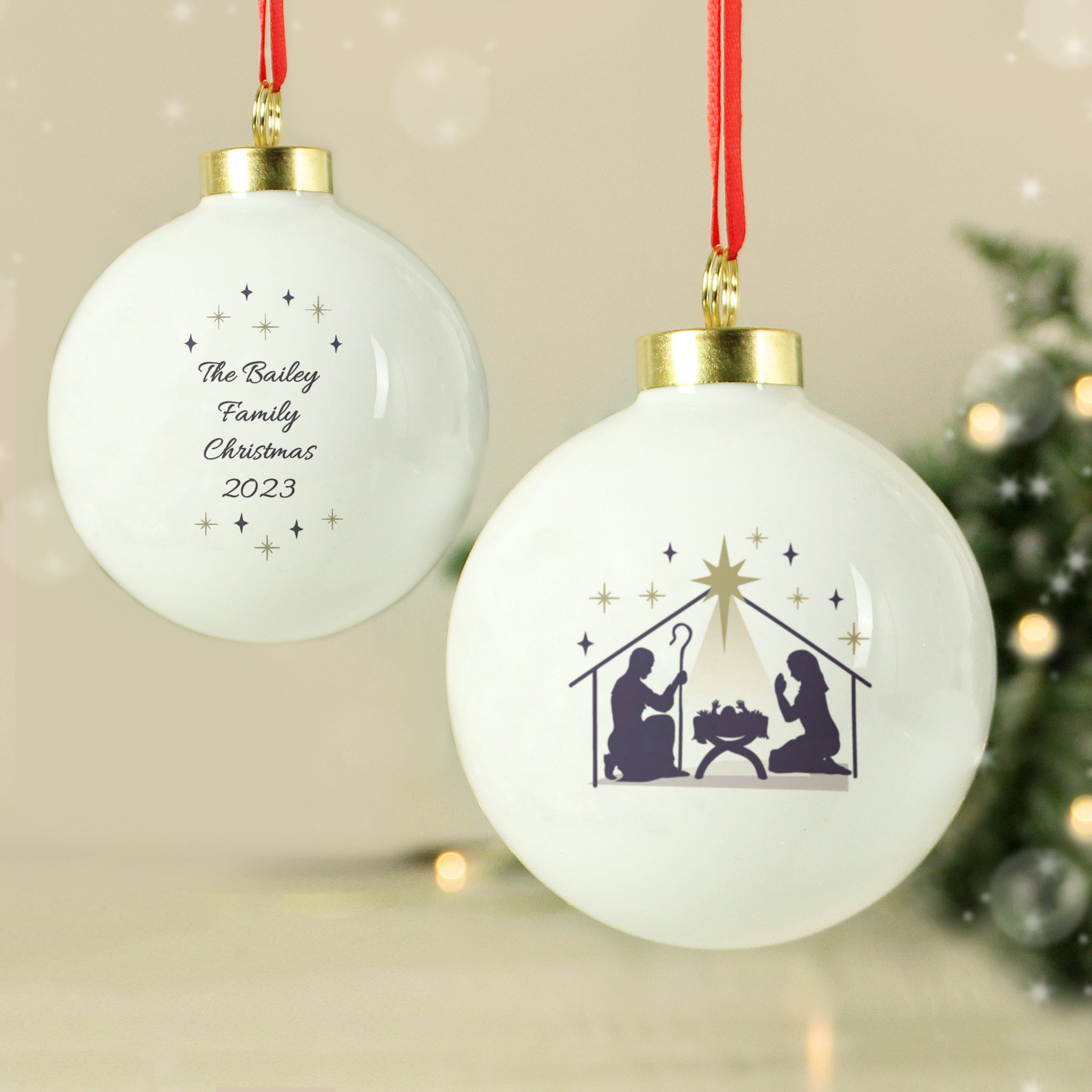 Personalised Christmas bauble with nativity scene