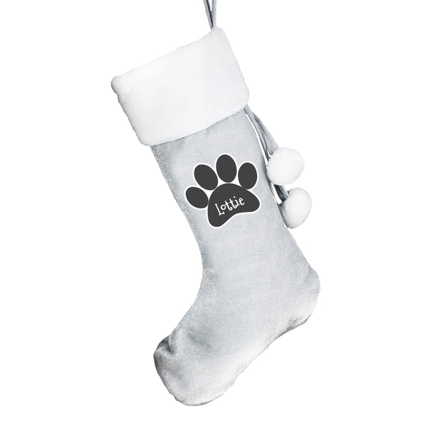 Grey personalised Christmas stocking with paw pri
