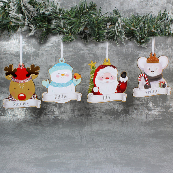 Set of four wooden personalised character Christmas decorations