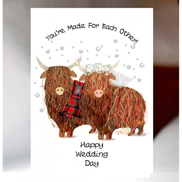 Scottish Wedding Card featuring illustration of Scottish Highland Cows dressed for a wedding