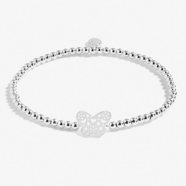 Silver plated beaded stretch bracelet with butterfly charm
