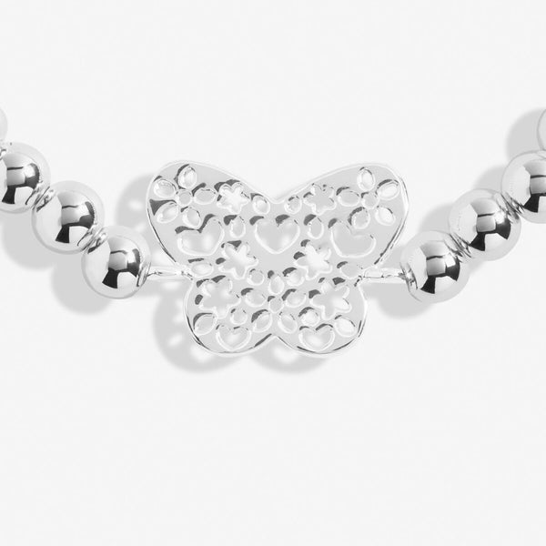 Silver plated beaded stretch bracelet with butterfly charm