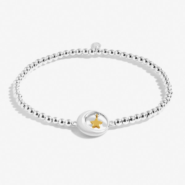 Silver plated beaded stretch bracelet with moon charm