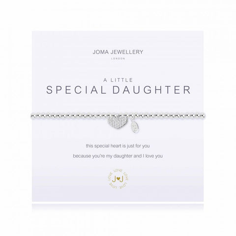 Joma Jewellery 'a little' bracelet with heart charm, presented on a sentiment card which reads: 'this special heart is just for you, because you're my daughter and I love you' Beautifully packaged in it's own Joma Jewellery envelope and gifting card. Metal Type: Silver plated brass Dimensions: 17.5 cm