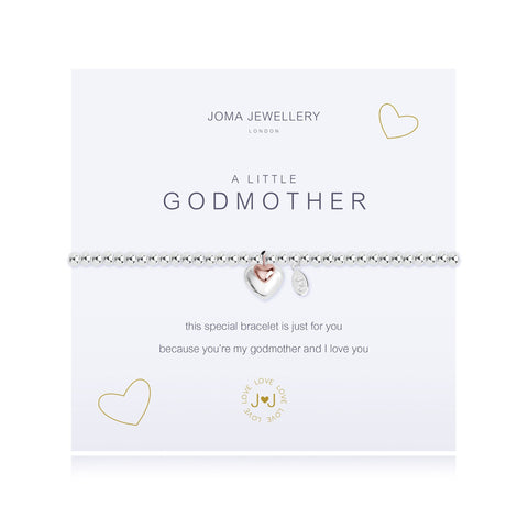 Joma Jewellery 'a little' bracelet with pretty heart charms, presented on a sentiment card which reads: 'This special bracelet is just for you because you're my Godmother and I love you'" Beautifully packaged in it's own Joma Jewellery envelope and gifting card. Metal Type: Silver plated brass Dimensions: 17.5 cm