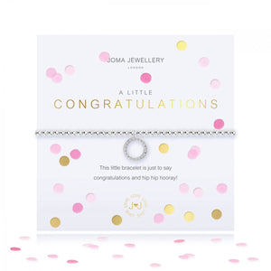 Say happy birthday in style with this gorgeous, sparkling stretch bracelet from Joma Jewellery's 'Confetti A Littles' range.  The silver plated bracelet features a sparkly circle charm and comes presented on a card with the sentiment:  'A Little'  'Congratulations'  'this little bracelet is just to say congratulations and hip hip hooray!'
