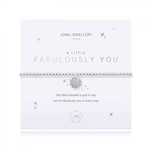 Sparkly silver plated stretch bracelet from Joma Jewellery's 'a little' range.  The pretty bracelet features an embellished ball charm and comes presented on a sentiment card which reads:  'A Little'  'Fabulously You'  'this little bracelet is just to say, you're fabulously you in every way'
