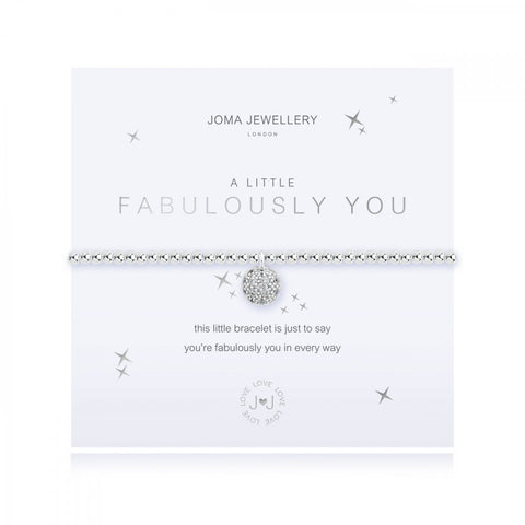 Sparkly silver plated stretch bracelet from Joma Jewellery's 'a little' range.  The pretty bracelet features an embellished ball charm and comes presented on a sentiment card which reads:  'A Little'  'Fabulously You'  'this little bracelet is just to say, you're fabulously you in every way'