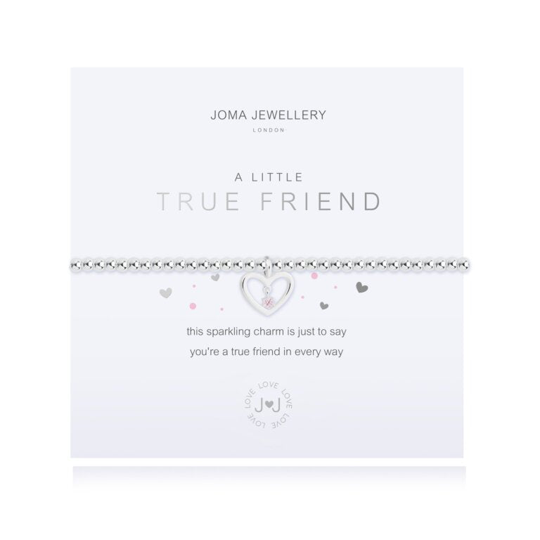 Silver plated silver stretch bracelet with heart charm, on sentiment card with True Friend poem