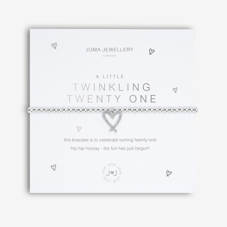 Joma Jewellery 'a little' bracelet with pretty little charm, presented on a sentiment card which reads:  'This bracelet is to celebrate turning twenty-one, hip hip hooray – the fun has just begun!'  Beautifully packaged in it's own Joma Jewellery envelope and gifting card.