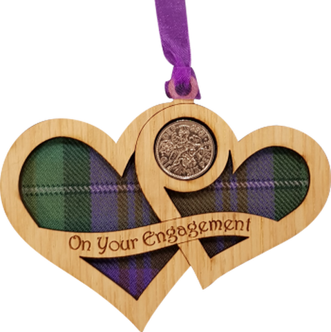 Engagement Lucky Sixpence on hanging wooden hearts with tartan