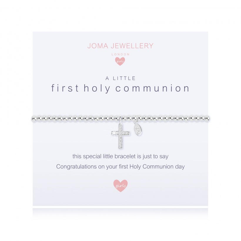 ***For Children***  Joma Jewellery Girls 'a little' bracelet with cubic zirconia gemstone, presented on a sentiment card which reads:  'This special little bracelet is just to say congratulations on your first Holy Communion day'