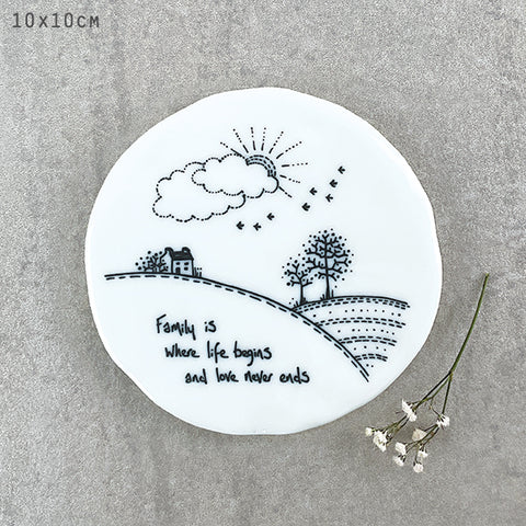White porcelain coaster with traditional East Of India Illustration