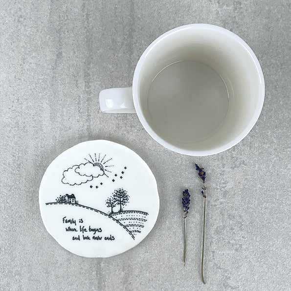 White porcelain coaster with traditional East Of India Illustration