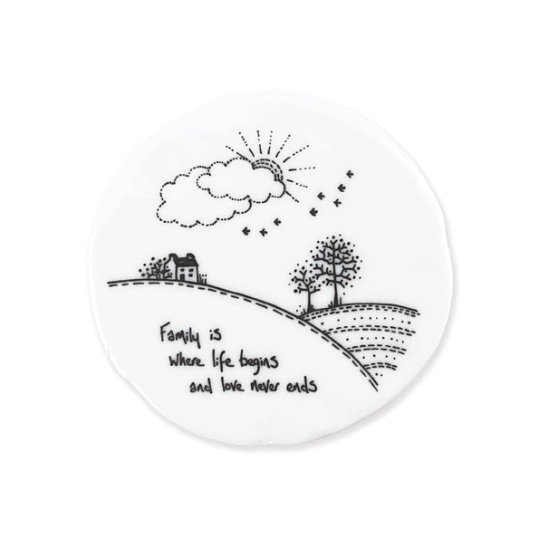 White porcelain coaster with traditional East Of India Illustration