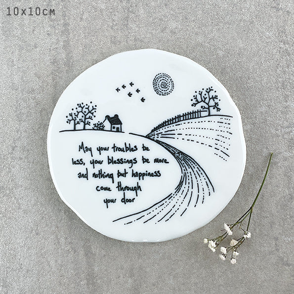 White porcelain coaster with traditional East Of India Illustration