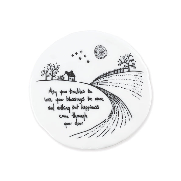 White porcelain coaster with traditional East Of India Illustration