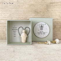 Wooden angel figurine with wire wings in a gift box with the wording 'A Little Guardian Angel Just For You'