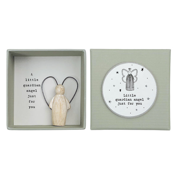 Wooden angel figurine with wire wings in a gift box with the wording 'A Little Guardian Angel Just For You'