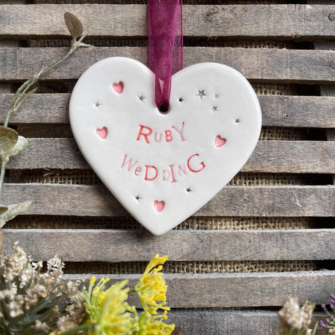White ceramic hanging heart saying Ruby Wedding