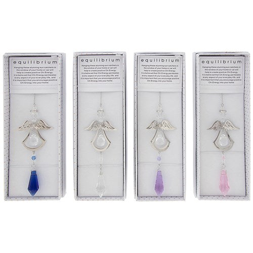 3D sparkle angel suncatcher. Available in blue, clear, lilac or pink gem accents. Measures 29cm x 5cm.