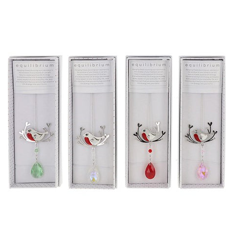 Hanging robin suncatcher with gem accent. Available in red, green, clear and pink. Measures 9.5 x 5.3 x 0.9cm.