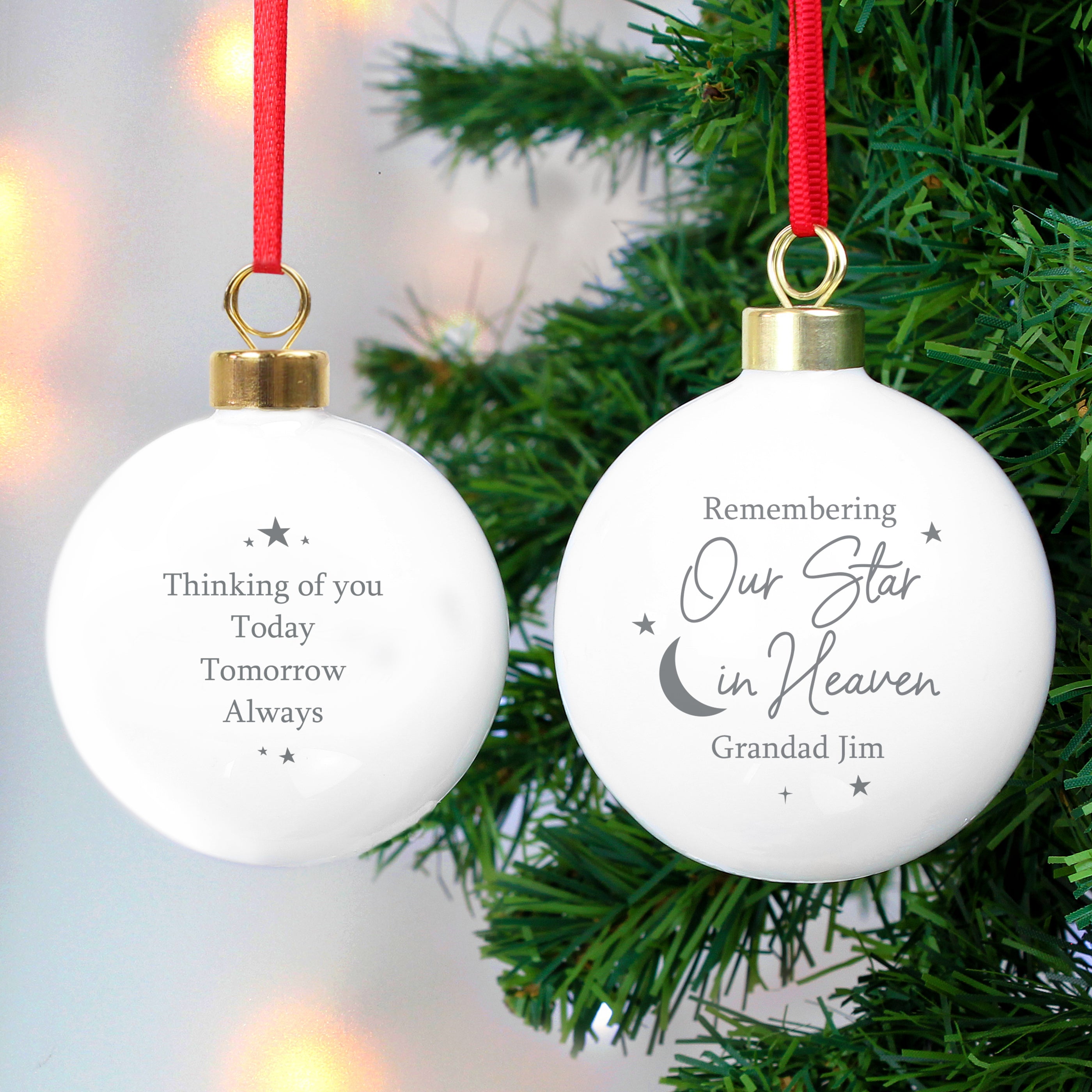 Ceramic bauble with gilt clasp and festive ribbon with personalisation