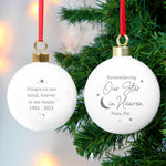 Ceramic bauble with gilt clasp and festive ribbon with personalisation