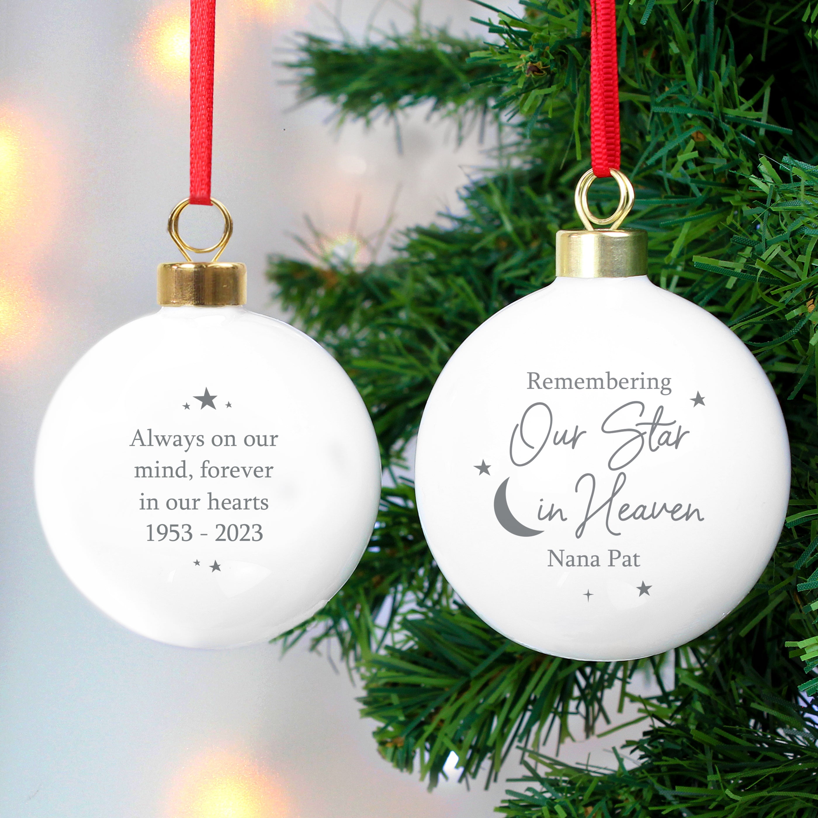 Ceramic bauble with gilt clasp and festive ribbon with personalisation