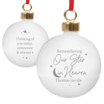 Ceramic bauble with gilt clasp and festive ribbon with personalisation
