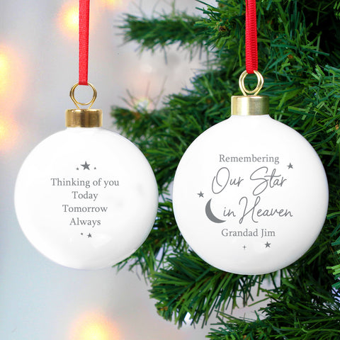 Ceramic bauble with gilt clasp and festive ribbon with personalisation
