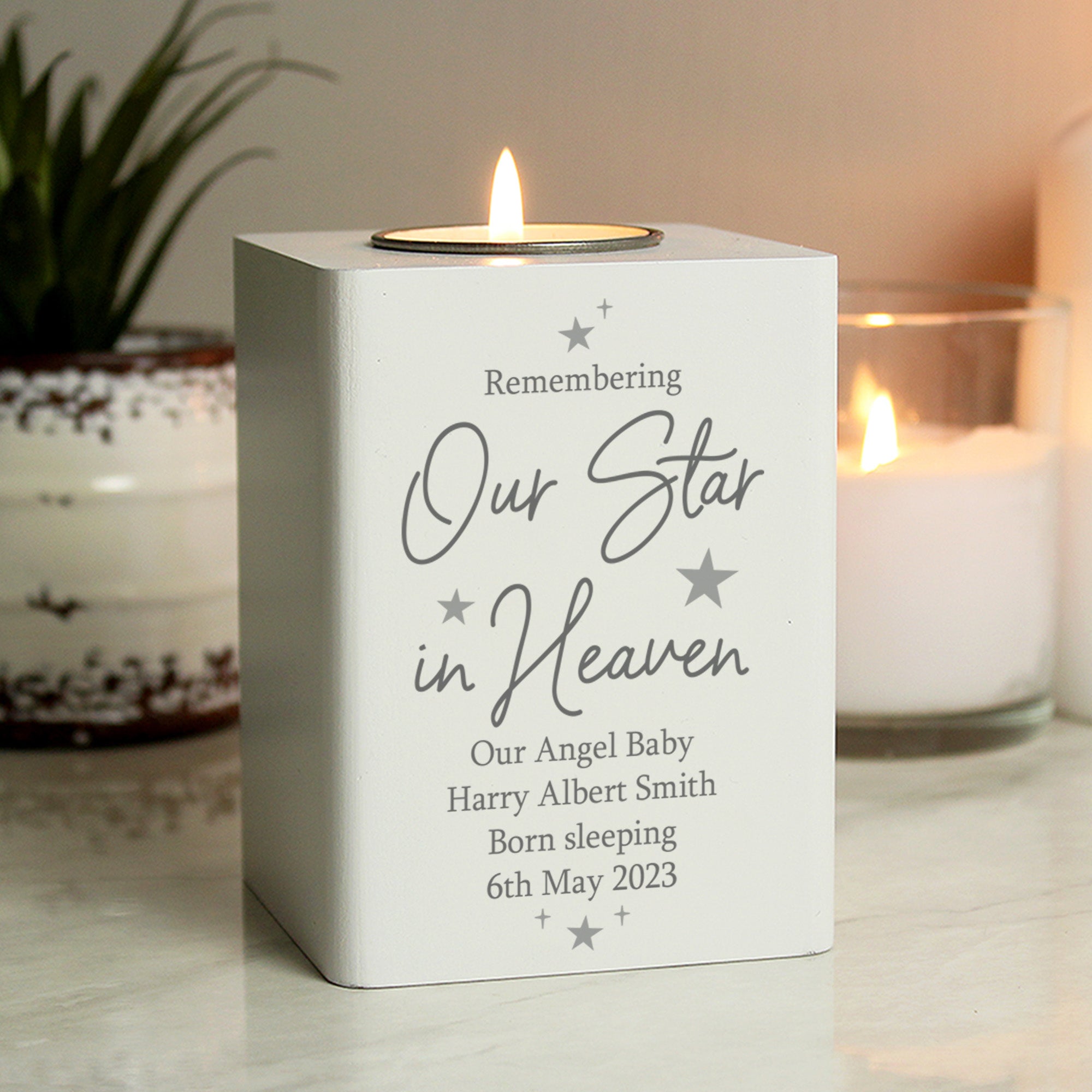 Personalised white wooden tea light holder