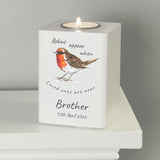 Personalised white wooden tea light holder with robin