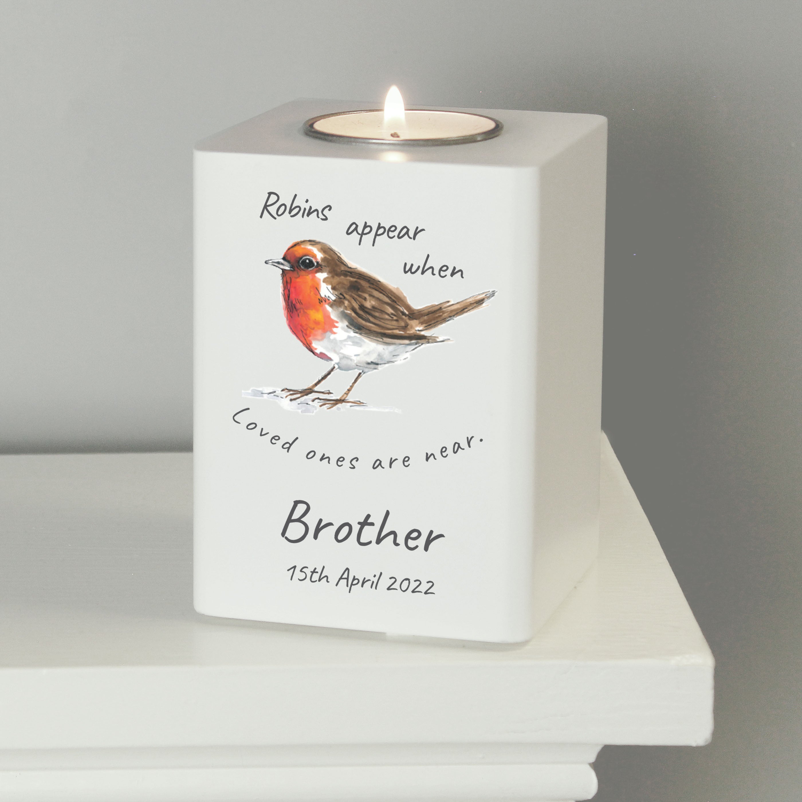 Personalised white wooden tea light holder with robin