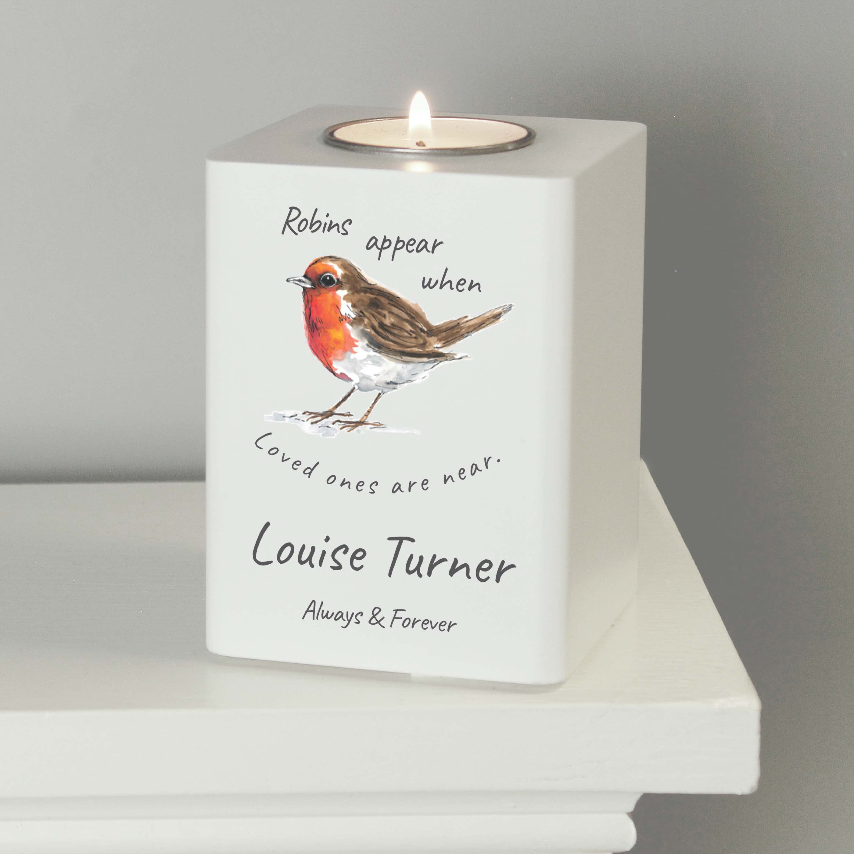 Personalised white wooden tea light holder with robin