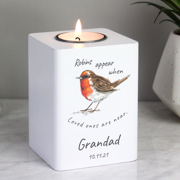 Personalised white wooden tea light holder with robin
