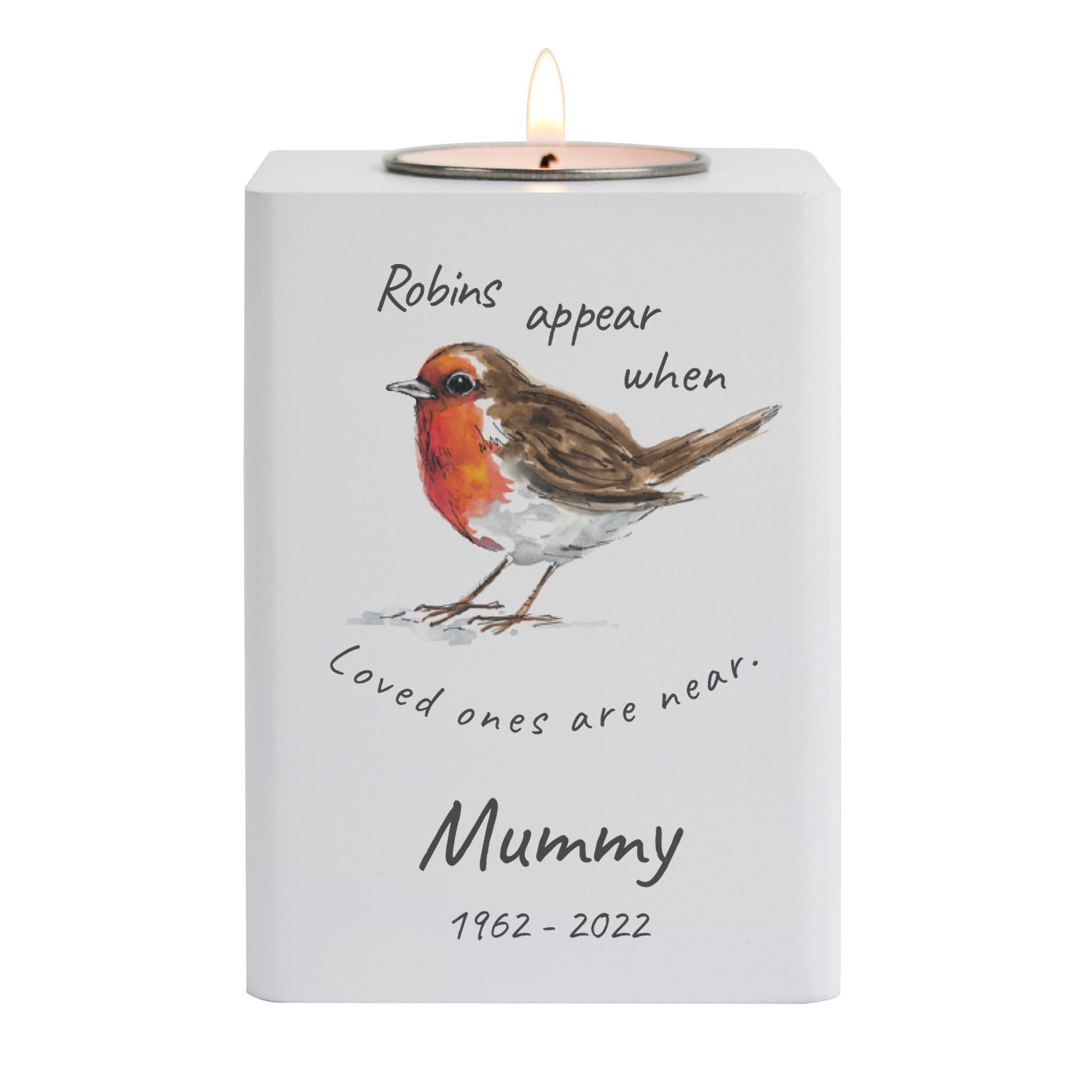 Personalised white wooden tea light holder with robin