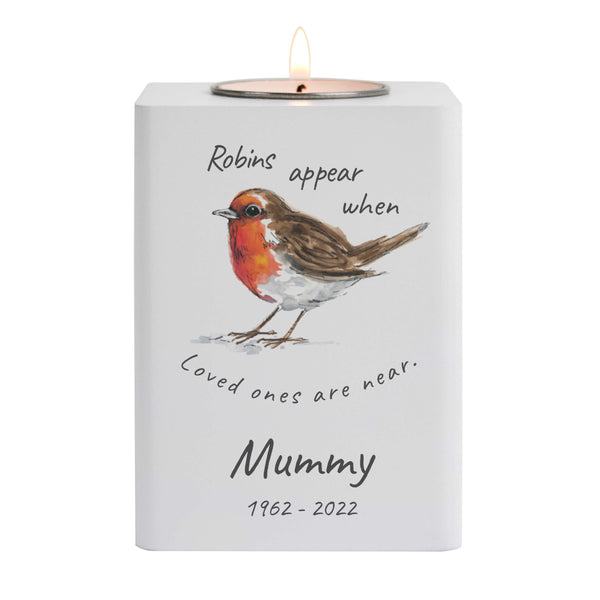 Personalised white wooden tea light holder with robin