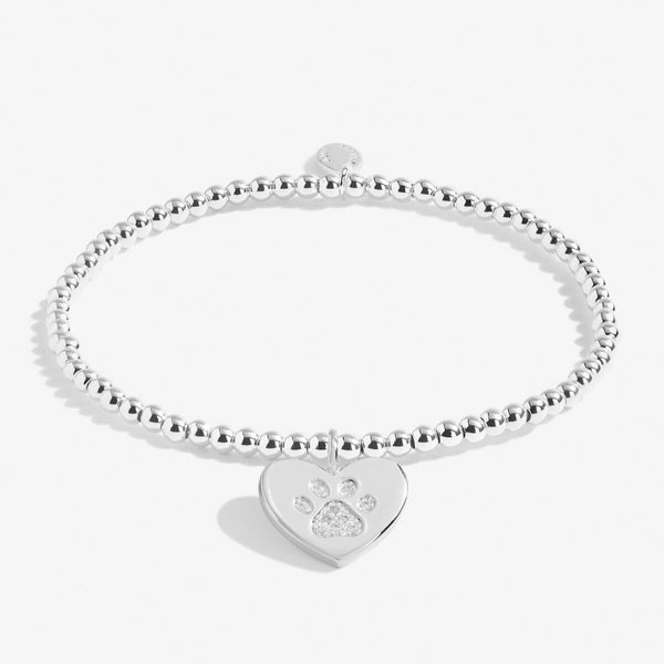 Silver beaded bracelet with heart and paw print charm