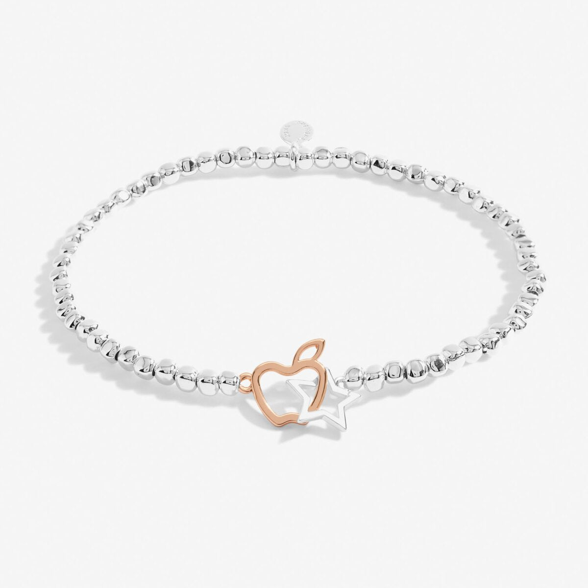 Silver plated beaded stretch bracelet with apple and star charm