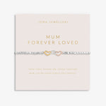 Joma Jewellery beaded bracelet with three interlinked hearts in silver, gold and rose gold presented on a blush pink sentiment card.
