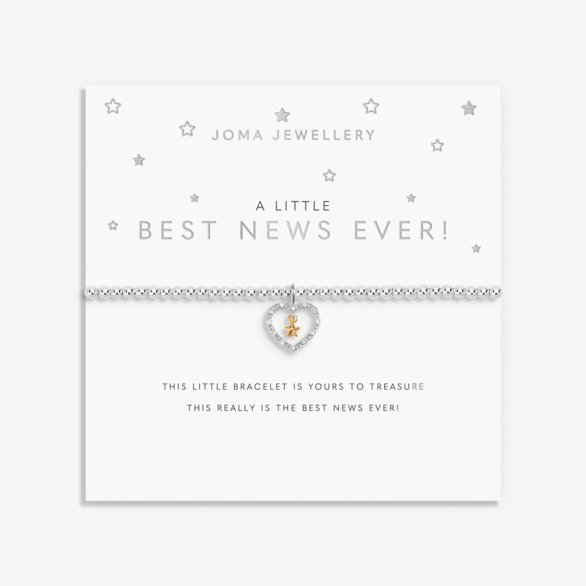 Joma Jewellery bracelet with open sparkling heart charm with hanging gold star on a white foil stamped sentiment card.