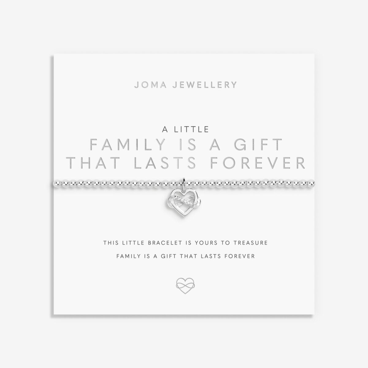 Joma jewellery stretch beaded bracelet with hanging heart infinity charm presented on a foil stamped sentiment card.