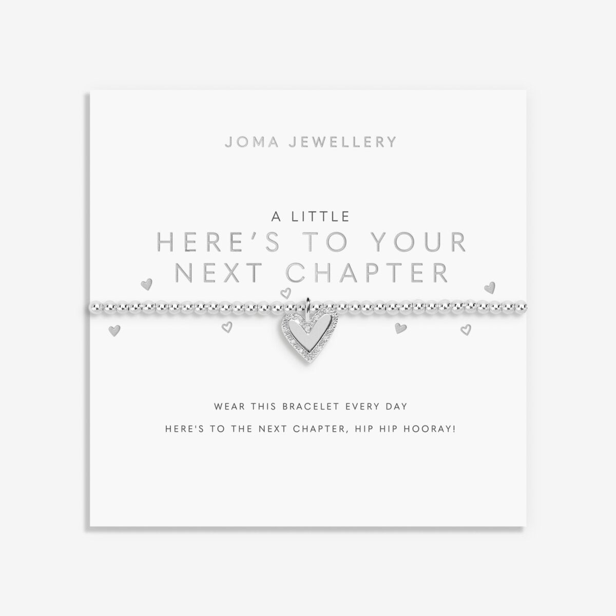 Joma jewellery beaded stretch bracelet with hanging heart charm with sparkle detail presented on a foil stamped sentiment card.