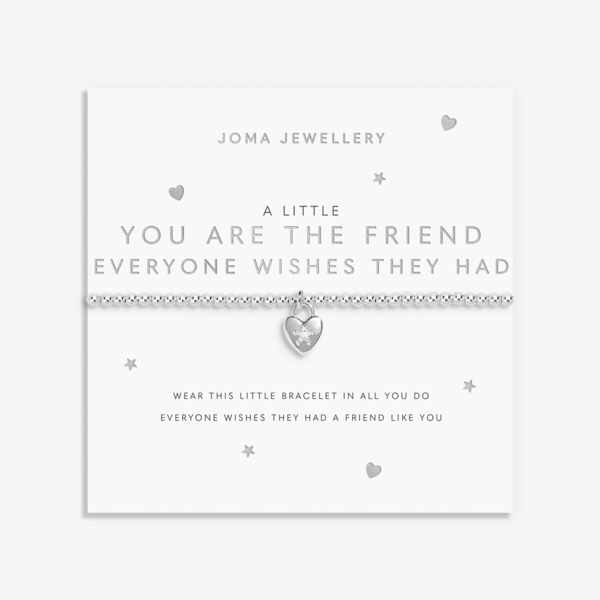 Joma Jewellery beaded stretch bracelet with padlock style heart charm with sparkly star detail presented on foil stamped sentiment card.